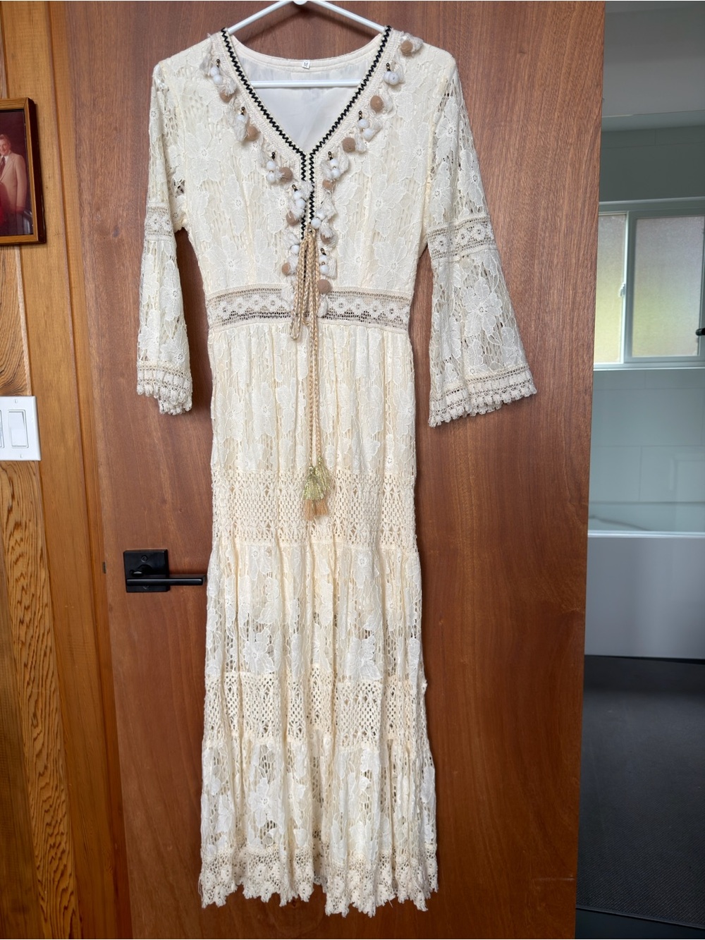 Boho Lace Midi  Dress in Cream with Pom Tassel Detail